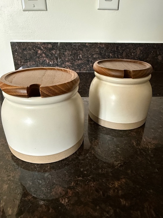 Other - Cream Ceramic Canisters with Wooden Lids - Set of 2. Hearth & Hand.